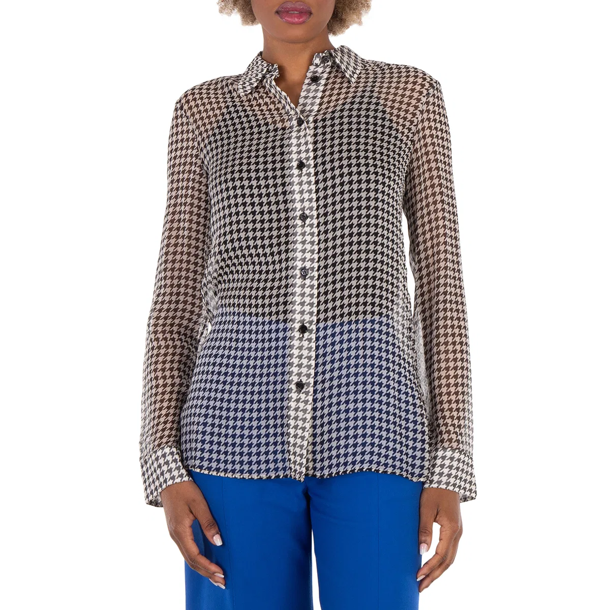 Шелковая рубашка с принтом «гусиная лапка» Houndstooth-Print Silk Shirt Burberry, Monochrome Ip Pttn