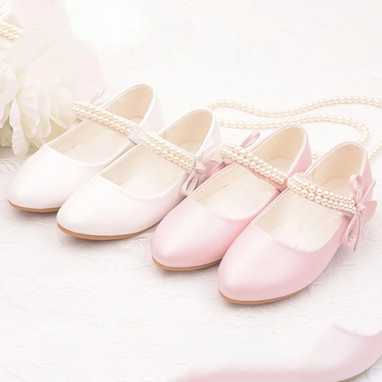 Детские туфли для девочек с бантом и жемчугом Mary Jane Princess Ballet, White — фото 3