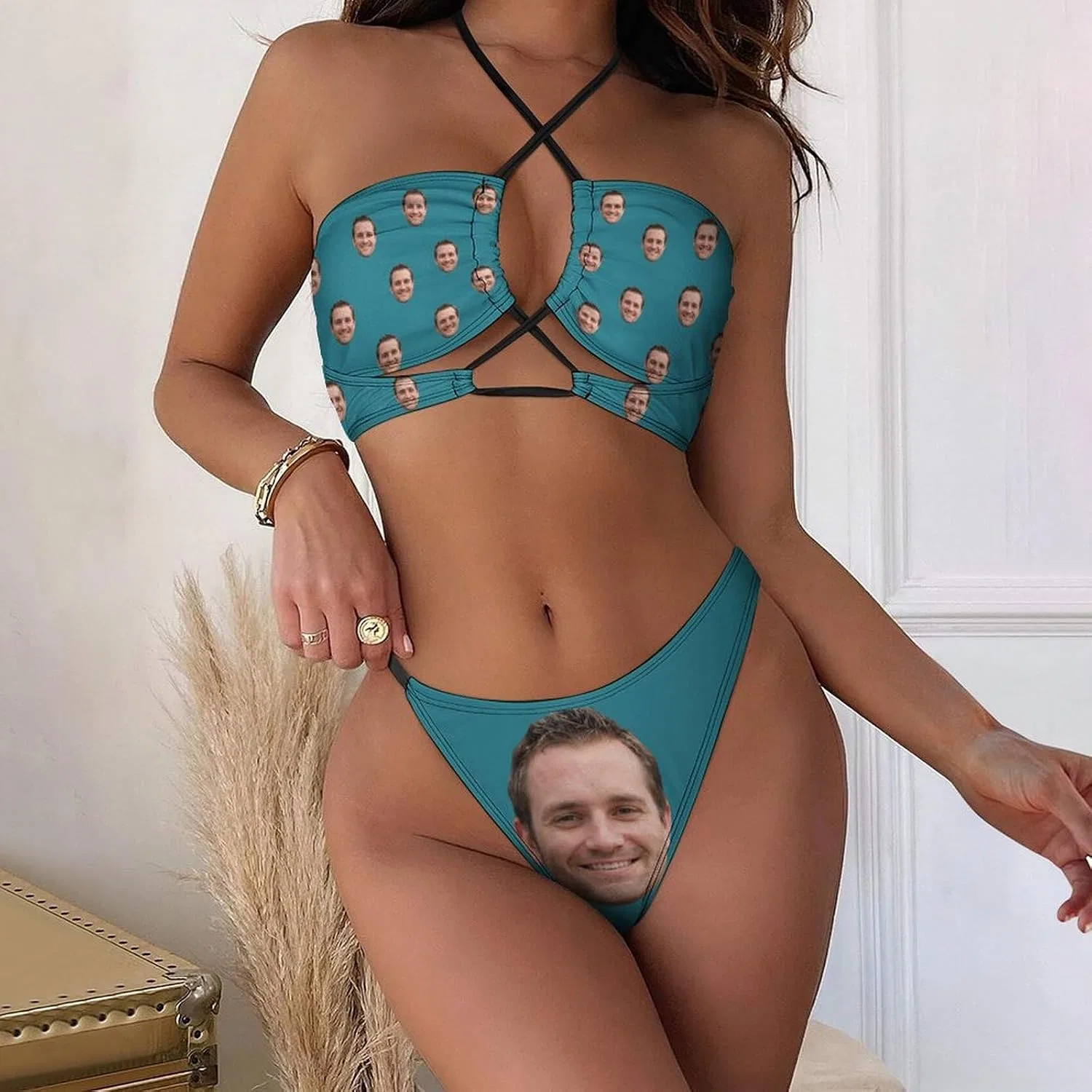 Женский бикини-сет с кастомизацией Crisscross Halter, Cyan — фото 2