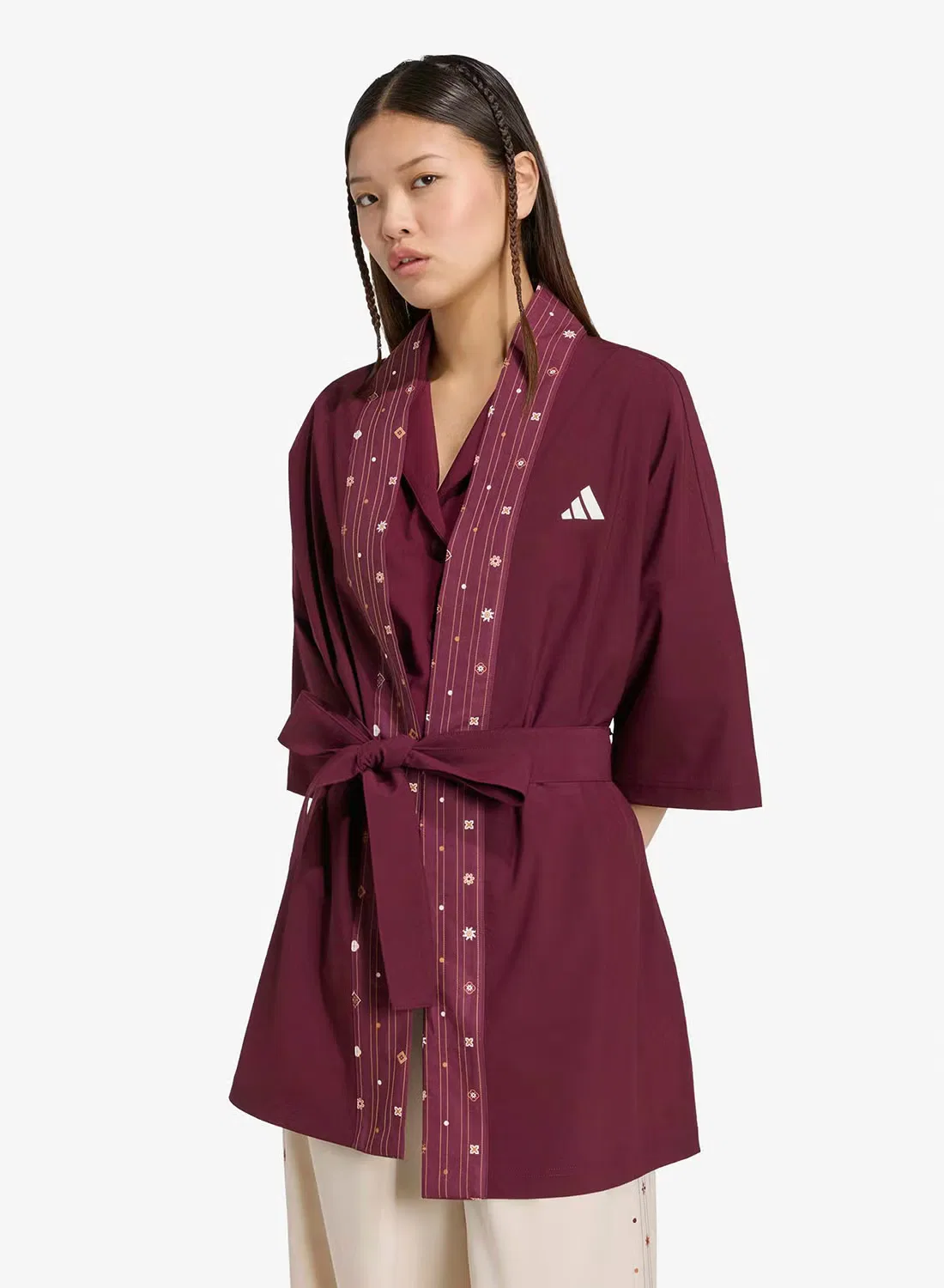 Кардиган свободного кроя с поясом Roots of Heritage Midi Coverup Adidas, бордовый