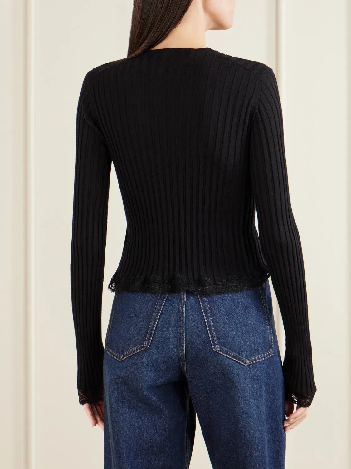 Свитер в рубчик из шерсти, кашемира и шелка с кружевной отделкой Saint Laurent, черный — фото 4