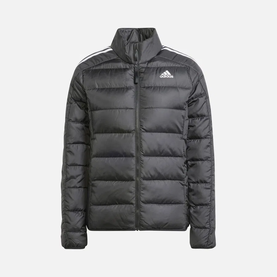 Женская спортивная куртка с капюшоном, с принтом, Essentials 3-Stripes Light Down Full-Zip Hoodie, adidas, Черный