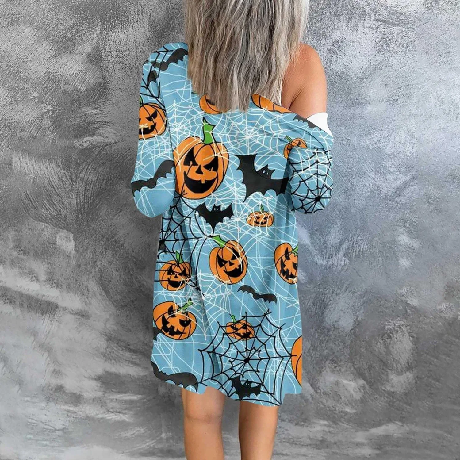 Женский кардиган с принтом Costume di Halloween, motivo zucca con pipistrello, 2-blu Cielo — фото 2