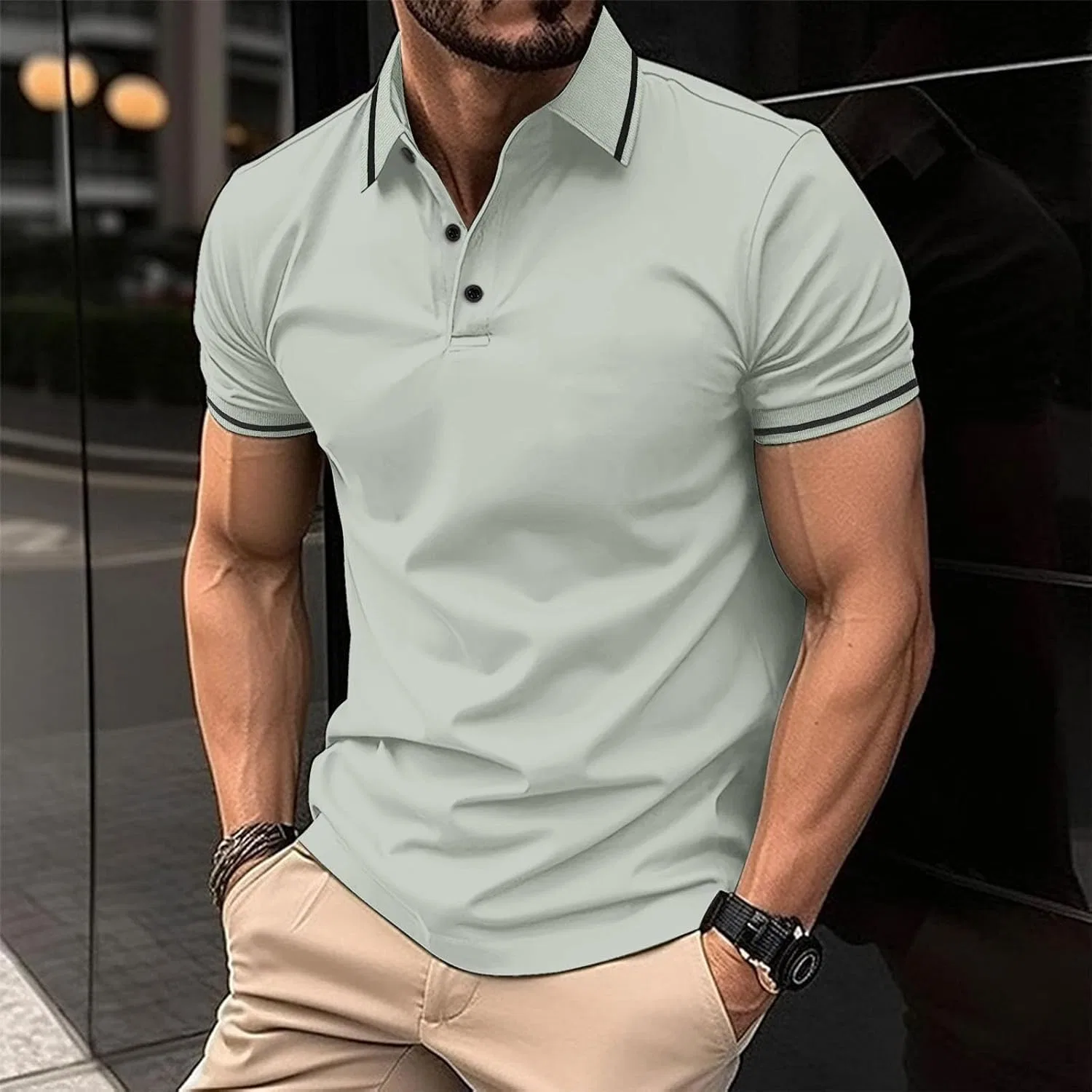 Мужская футболка с воротником на пуговицах Vintage Solid Color, Gray — фото 2