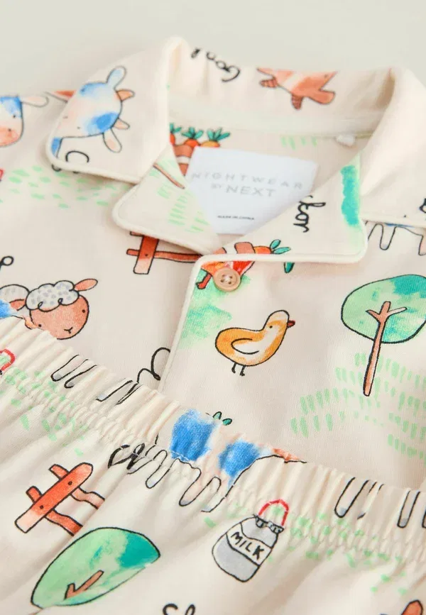 Пижамный комплект с принтом Regular fit single button through short pyjamas set Next, Ecru Yellow Blue Green Farmyard, синий/зеленый/желтый — фото 3