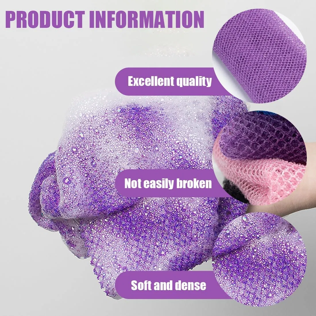Мочалка-сетка для тела из нейлона, 2 шт, GXGM, 20x65 см, Pink and Purple — фото 3