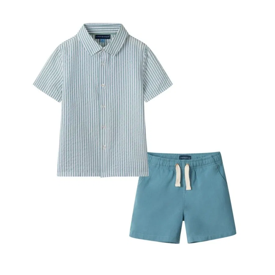 Комплект из рубашки и шорт для мальчика Teal Striped Buttondown and Linen Shorts Set Andy & Evan, Teal