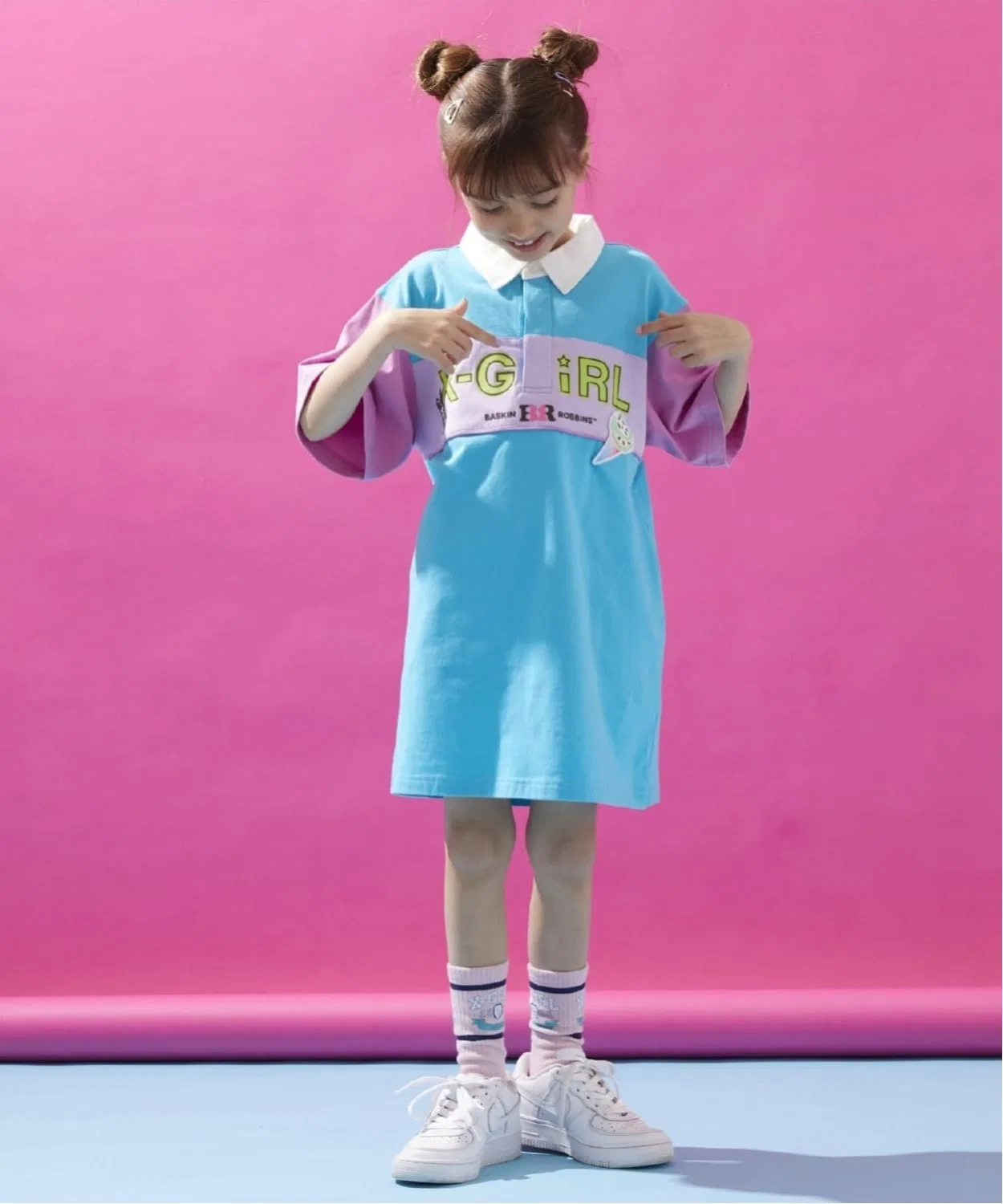 Детское платье-футболка мини с длинным рукавоми принтом X-girl Stages, Blue Green — фото 3