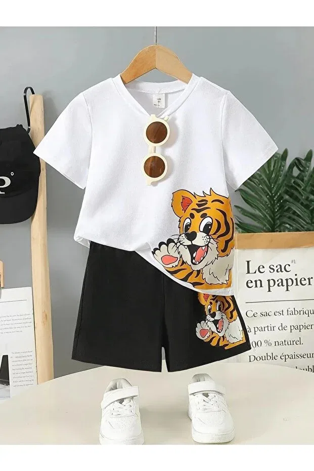 Детский для девочек комплект футболки и шорт с принтом Unisex boy tiger special printed combed cotton crew neck t-shirt - shorts set Revasser, White