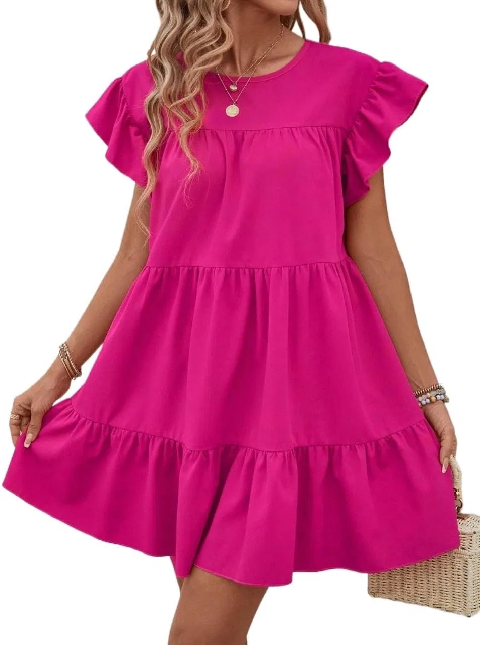 Женское платье миди с воланами, свободного кроя, Hot Pink