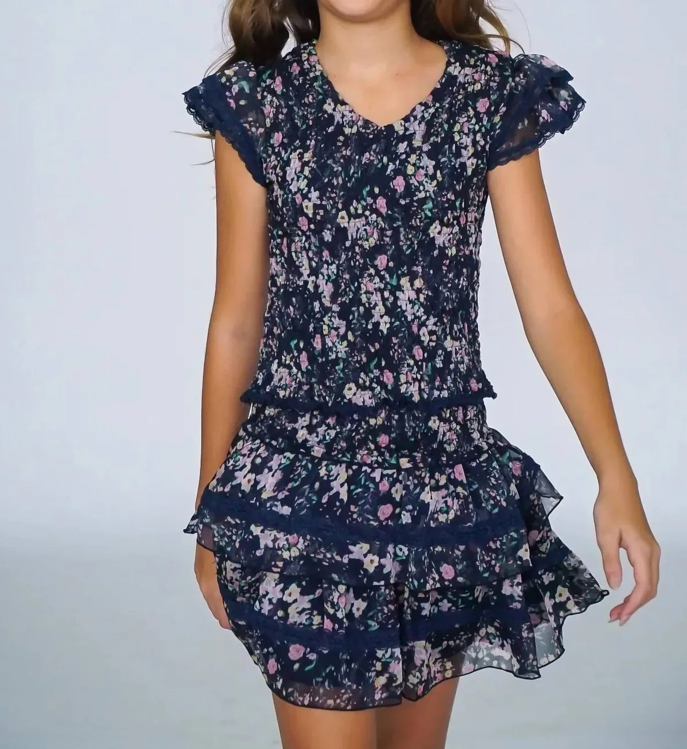 Детская юбка из шифона с кружевными воланами Chiffon Lace Skirt flowers by zoe, темно-синий