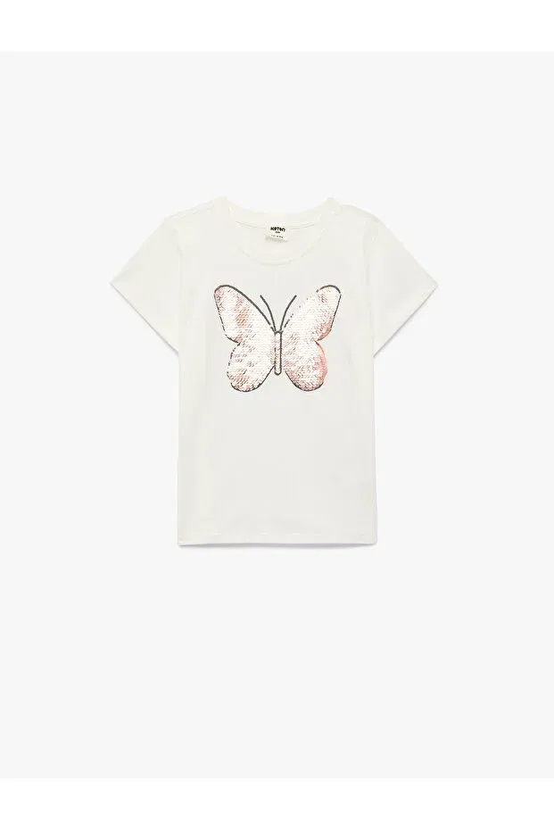 Детская футболка для девочек с принтом Sequin butterfly patterned short sleeve cotton t-shirt Koton, Ecru — фото 3