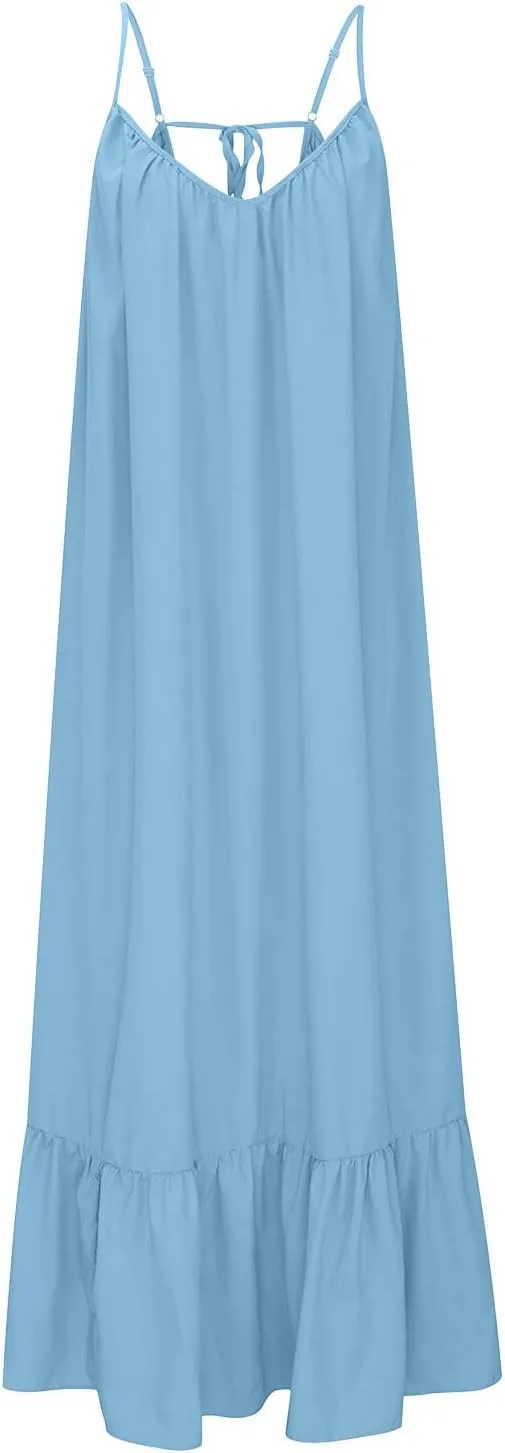 Платье-ками Backless с запахом, летнее, без рукавов, на тонких бретелях, свободного кроя, повседневное, с карманами, пляжное, макси Generic, синий — фото 3