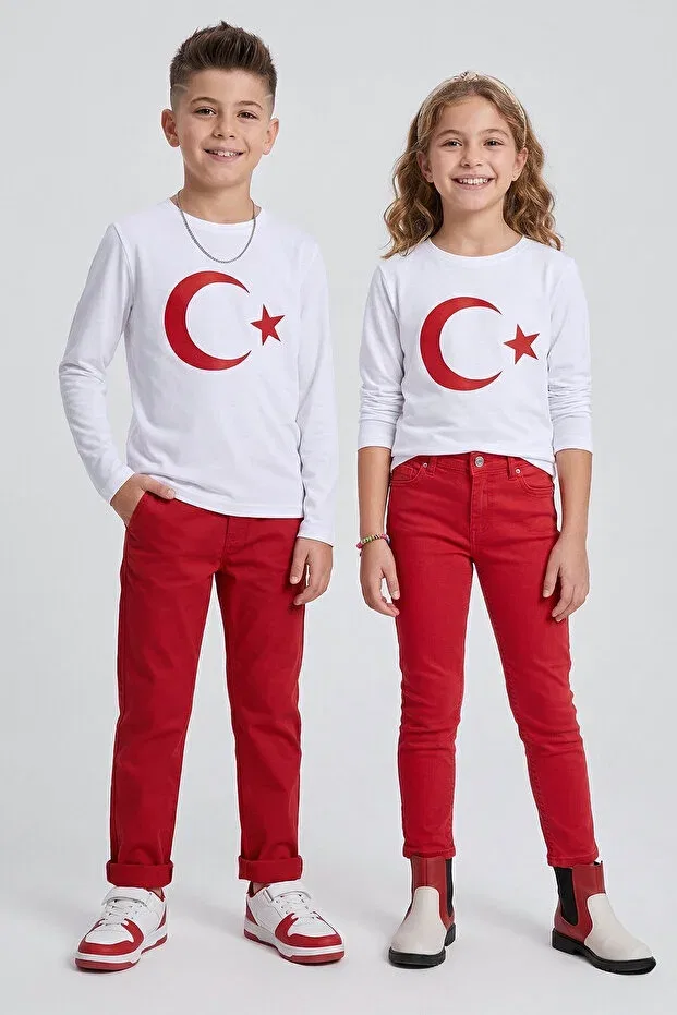 Детская футболка с длинным рукавом с принтом Crescent Star Turkish Flag Printed Cotton 23 April Boys And Girls Dmb Boys & Girls, White — фото 2