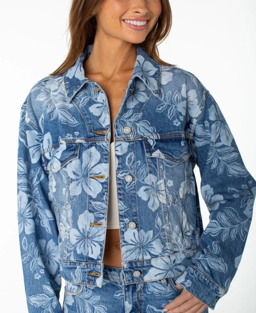 Джинсовая куртка-кроп с цветочным принтом Big Tide Roxy, Flora Fade Print Denim Wash — фото 4