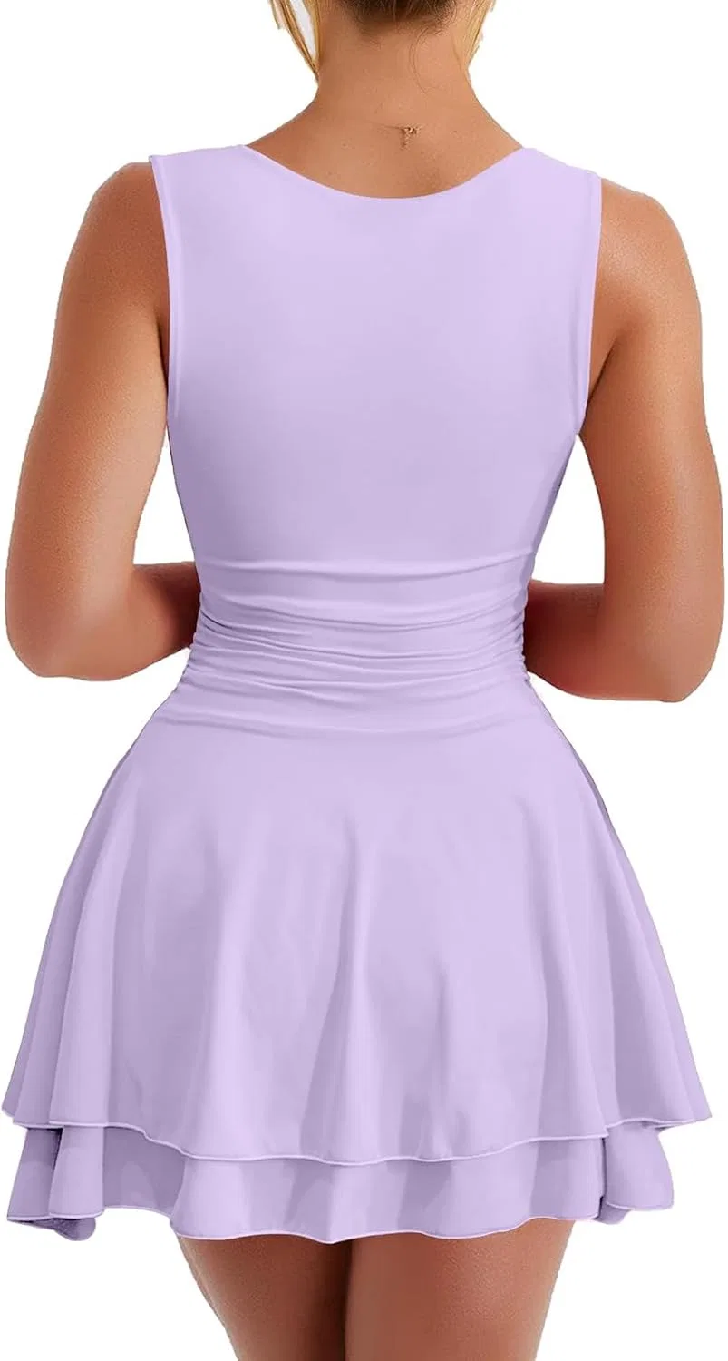 Женское мини-платье с квадратным вырезом, корсетом и рюшами, Purple — фото 3