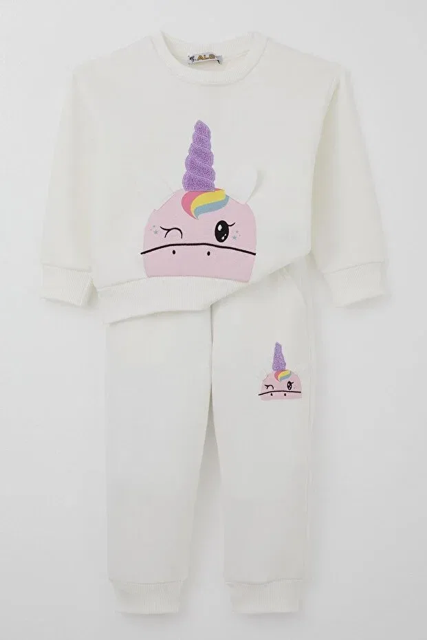 Детский спортивный комплект для девочек с принтом Winking Unicorn Embroidery Alg, Ecru
