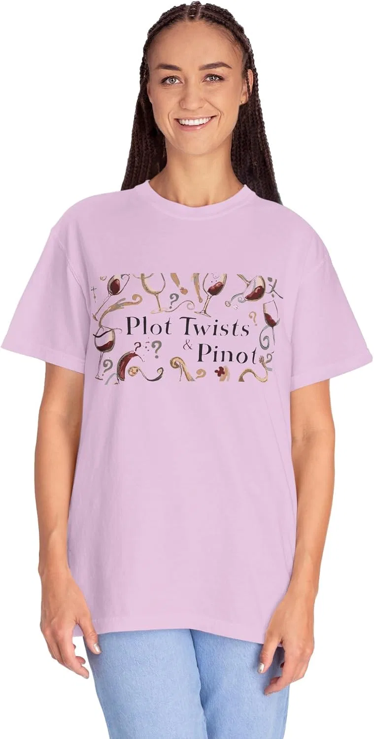 Женская футболка с принтом Plot Twists & Pinot, Wine Lover Tee, Orchid — фото 2