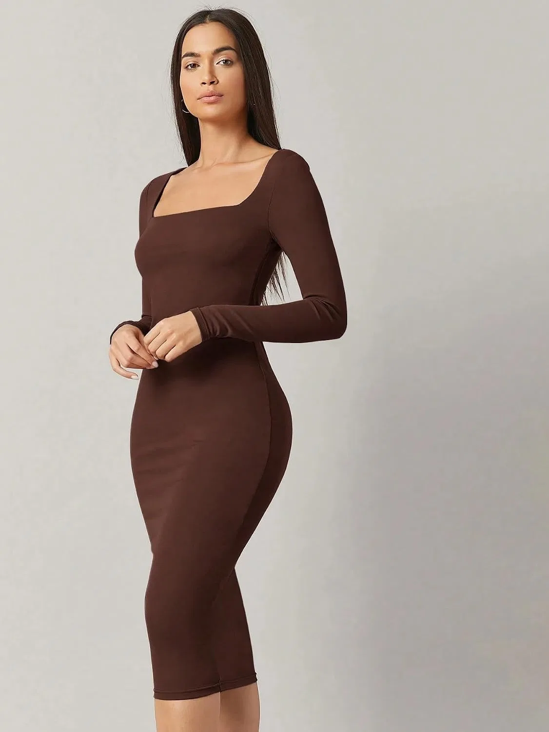 Женское миди-платье bodycon с квадратным вырезом, Coffee Brown — фото 3