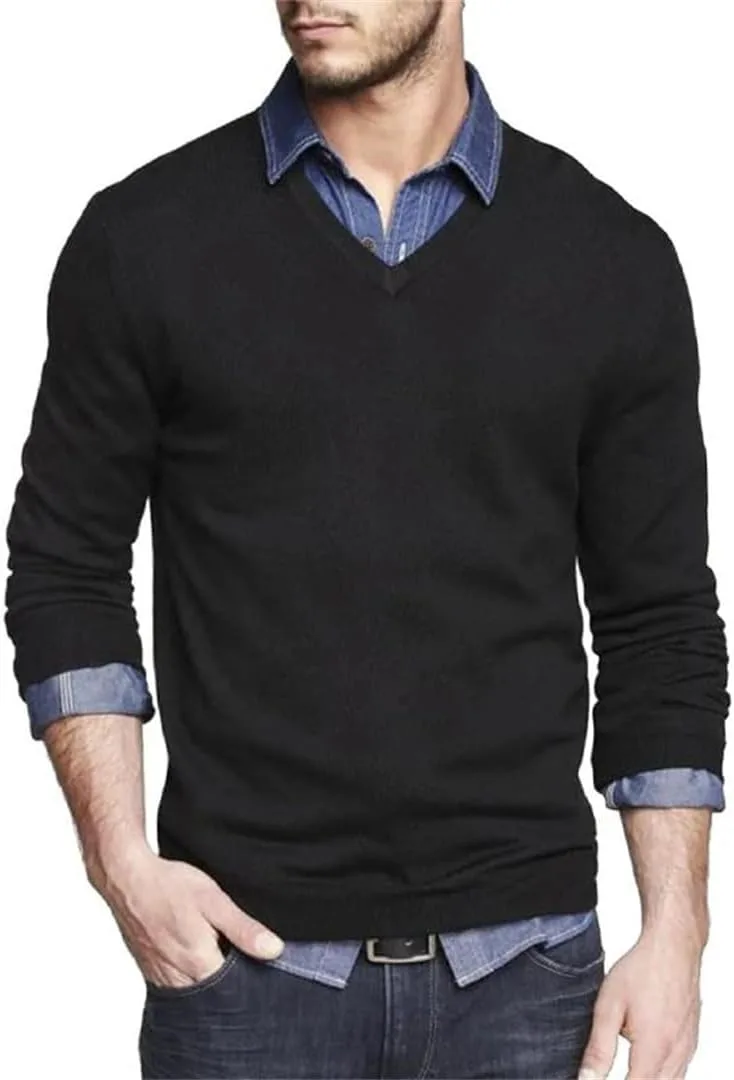 Мужской свитер V-образным вырезом Slim Fit легкий вязаный пуловер с длинными рукавами для бизнес-кэжуал — фото 2