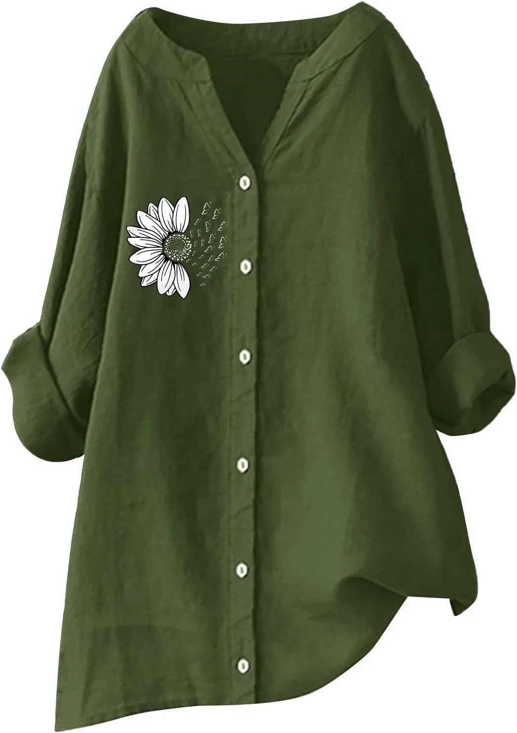 Блуза с цветочным принтом, Women Cotton Linen Top, зеленый