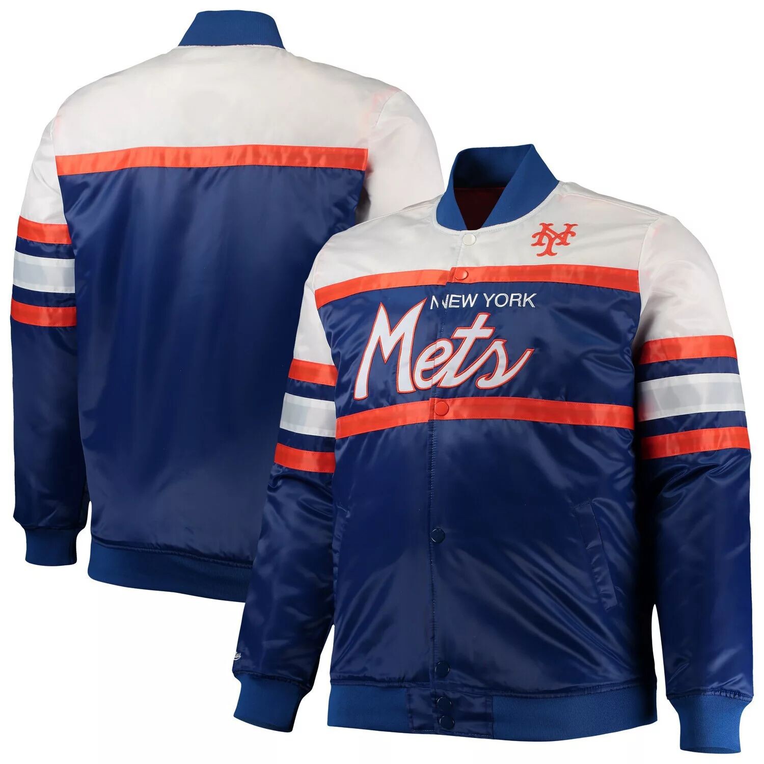 

Мужская атласная куртка с длинными кнопками Mitchell & Ness Royal/оранжевая New York Mets Big & Tall Coaches