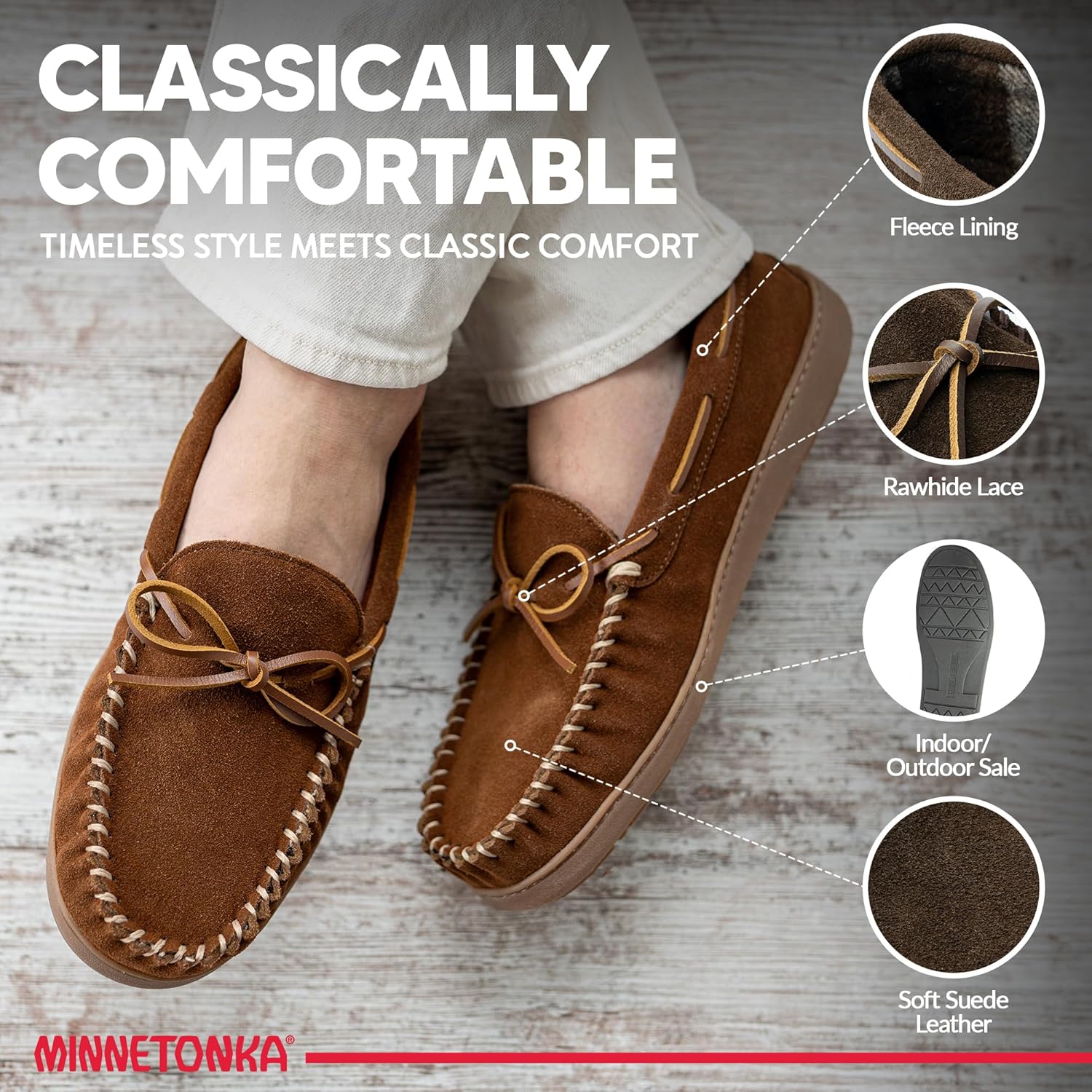 Мокасины Minnetonka для мужчин с твердой подошвой и флисовой подкладкой в клетку, шоколадный — фото 3