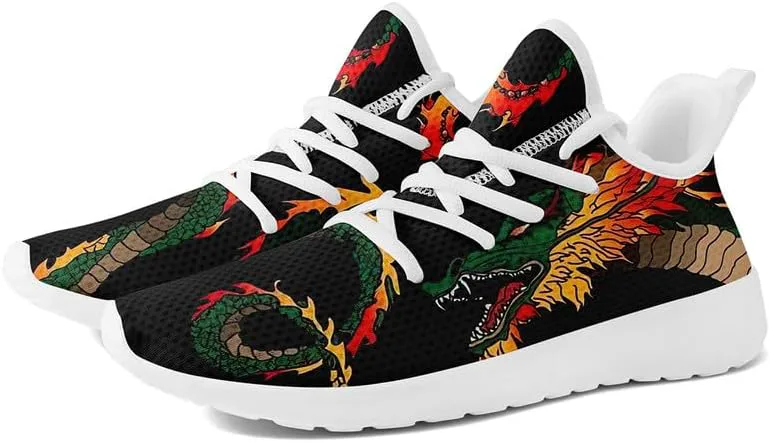 

Мужские динамичные кроссовки для бега по дорогам с принтом дракона, легкие прогулочные кроссовки с мифическим дизайном, черные стильные теннисные туфли AWSOLE, белый/зеленый