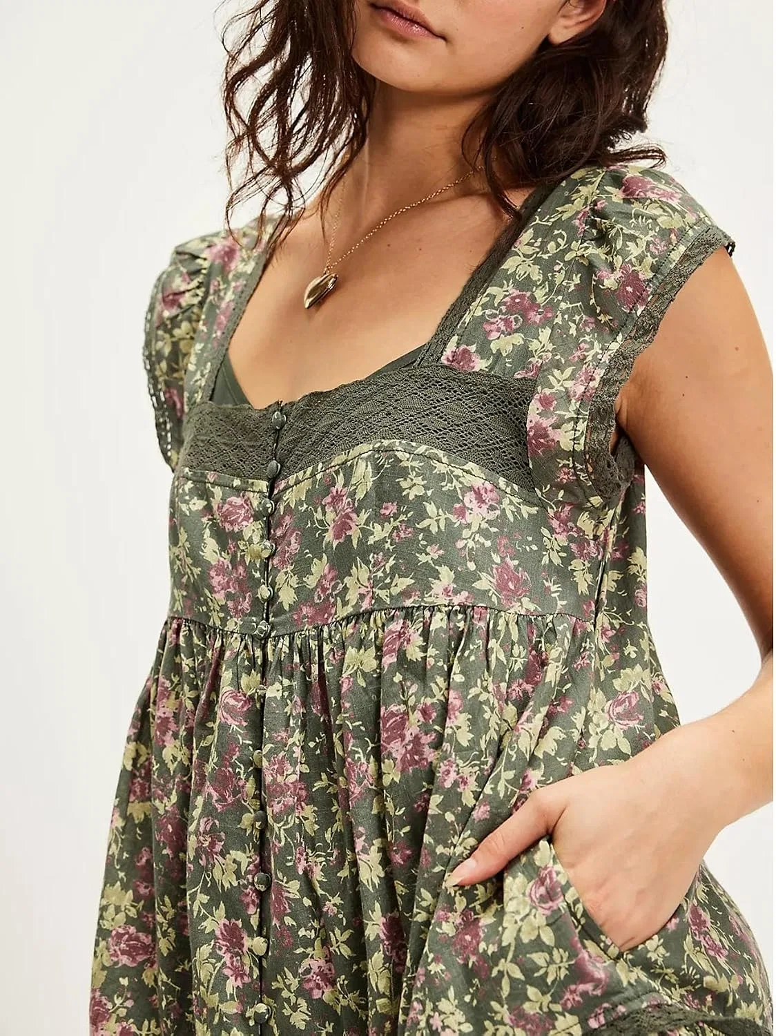 Женское платье-трапеция с цветочным принтом, Y2k Floral Ruffle Mini Dress, зелёный — фото 2