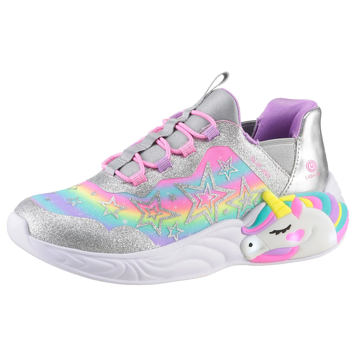 Детские кроссовки-слипоны с блестками Skechers, Silver/Pink/Yellow