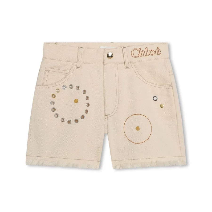 Шорты хлопковые с металлическими люверсами Chloé, Denim Ivory