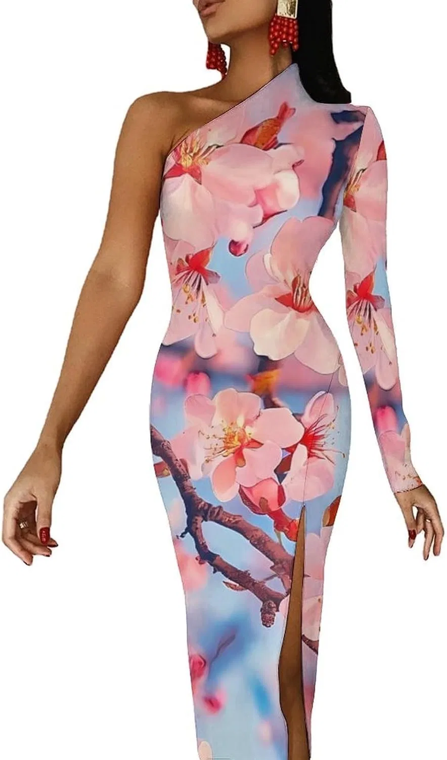 Женское вечернее платье с одним рукавом Bodycon Cherry Flowers, Style