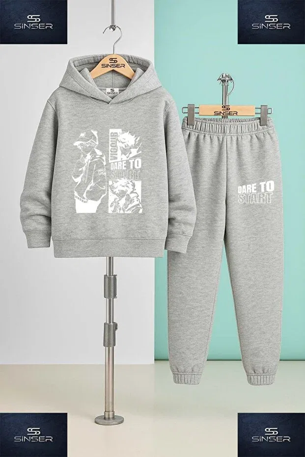 Детский комплект свитшотов и брюк с принтом Dare To Be White Ss Sinser, Siyah - Gray - Navy Blue — фото 3