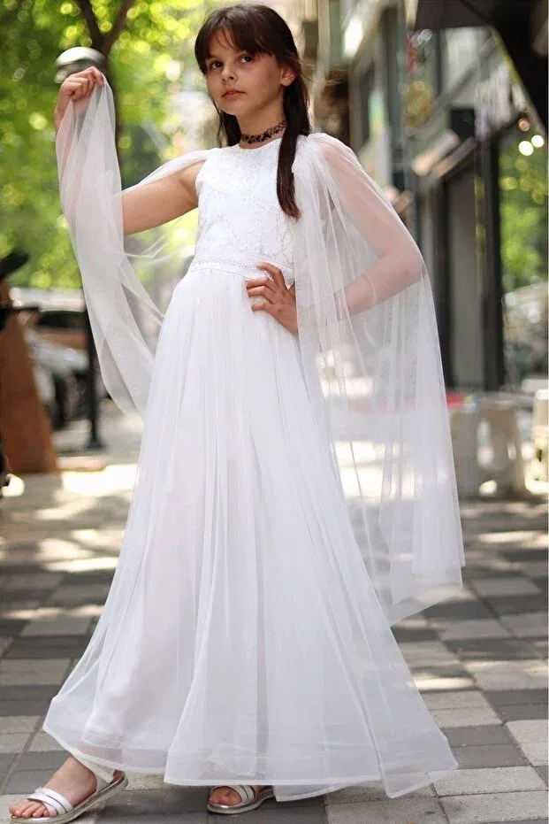 Детское вечернее платье для девочек на бретелях White Sleeves Cape Beaded Tulle Evening Dress Generic Brands, White