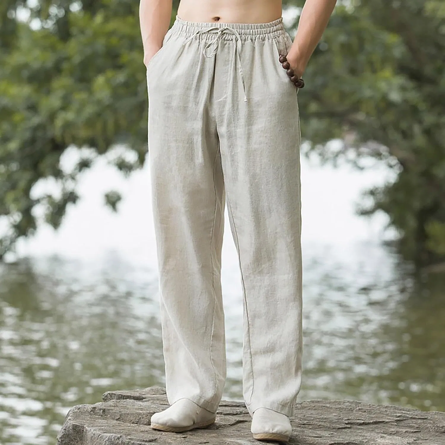 Мужские легкие спортивные брюки с открытым низом, Straight Leg, Lounge Pant with Pocket, бежевый — фото 2