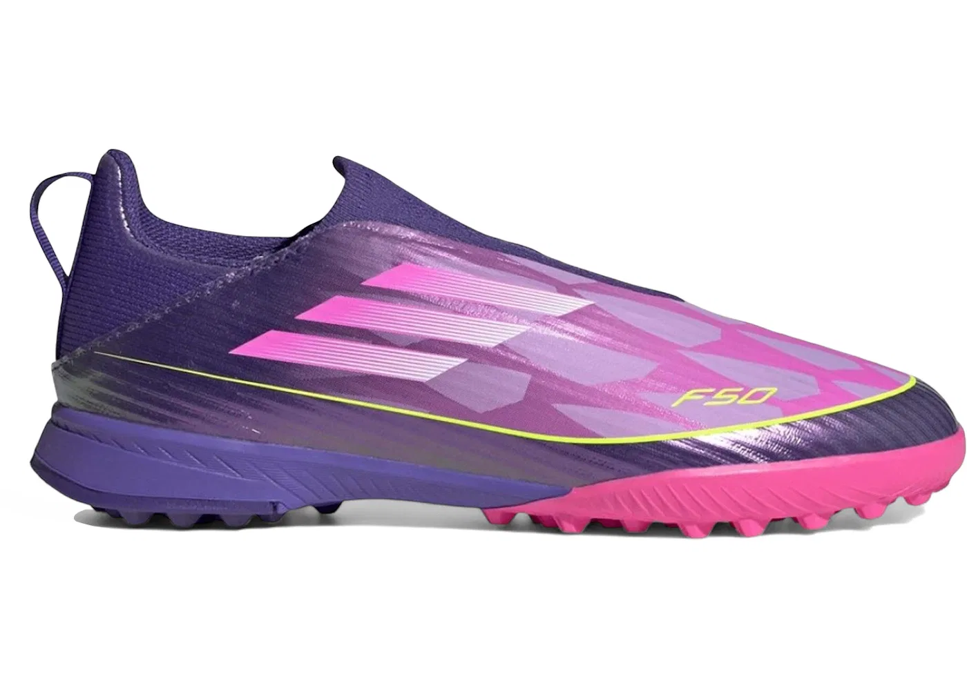 Детские бутсы с длинным рукавом Adidas F50 League Laceless TF, Unity Purple/Footwear White/Lucid Lemon