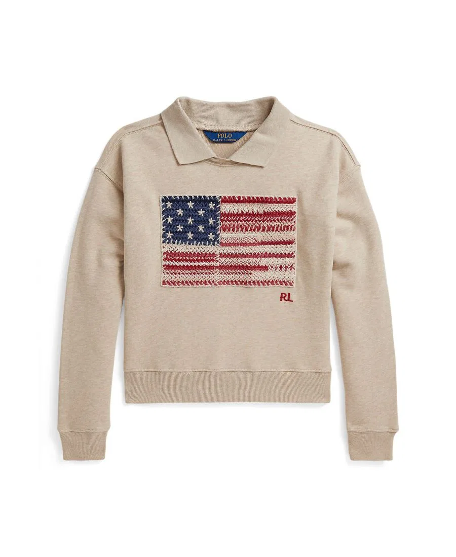 Свитшот с длинным рукавом и воротником-поло с аппликацией флага Flag Terry Long-Sleeve Collared Sweatshirt Polo Ralph Lauren, Expedition Dune Heather — фото 3