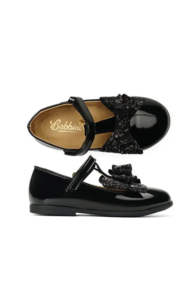 Детские балетки для девочек с принтом T-Bar black vegan girl's ballerinas with sequined bow Bebbini, Black — фото 2
