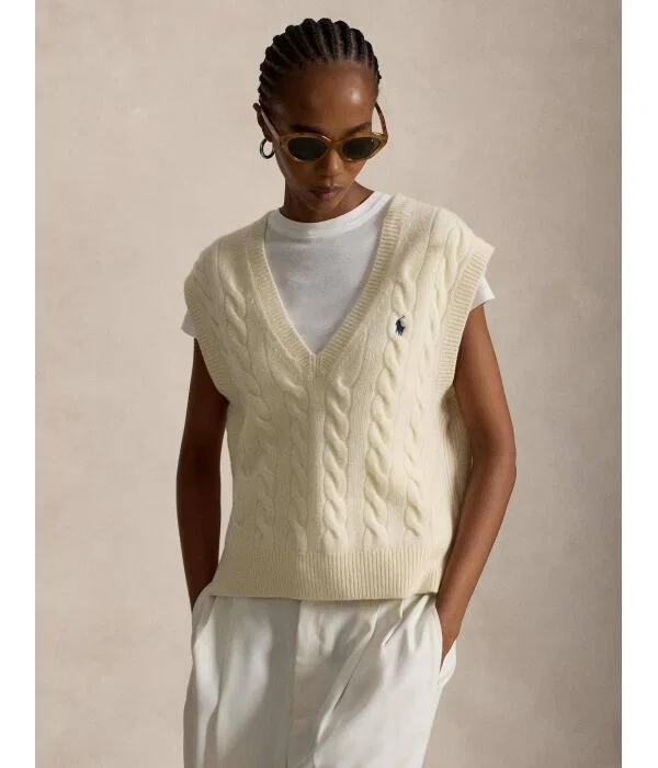 Женский жилет из шерсти с кашемиром свободного кроя Polo Ralph Lauren, Crema