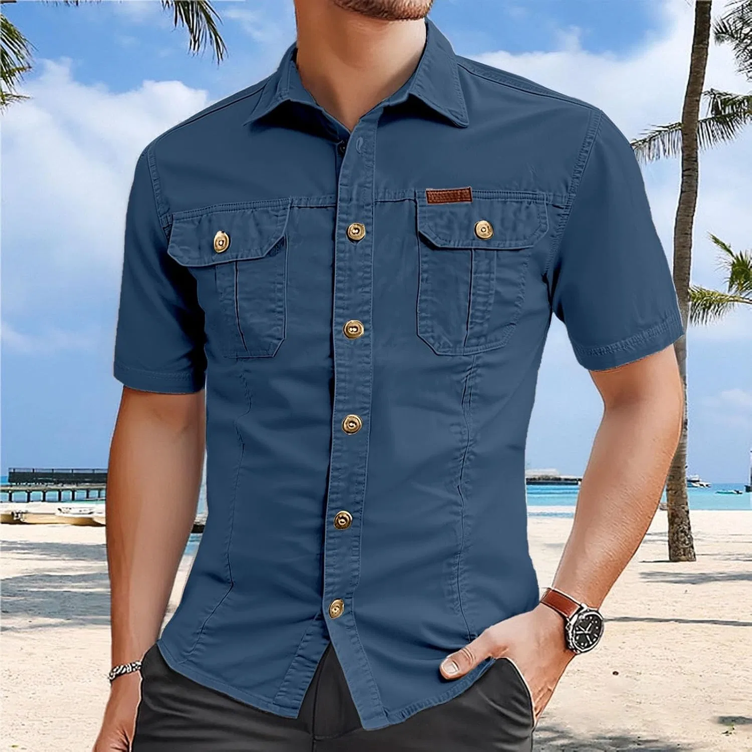 Мужская рубашка-карго с коротким рукавом, на пуговицах, для рыбалки, Cargo Shirt, тёмно-синий — фото 2