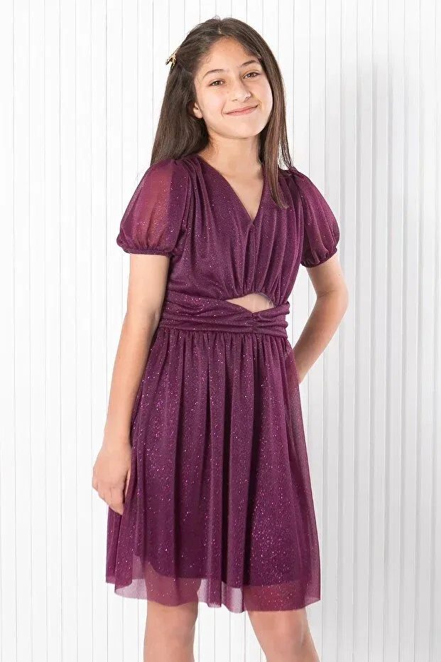 Детское платье для девочек с принтом Plum Colored Glitter Tulle Lined Balloon Sleeve Graduation Evening Dress Denimini, Murdum