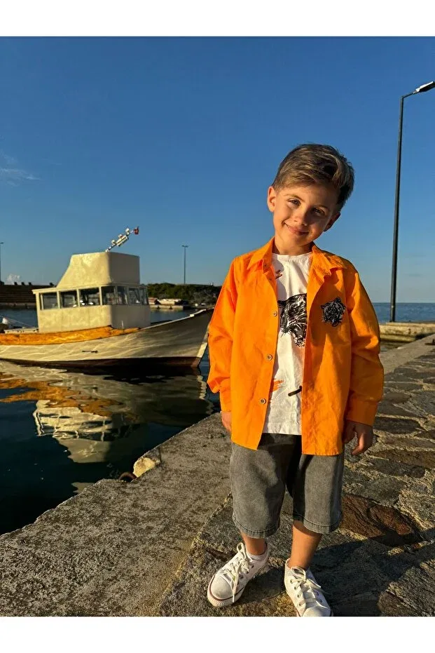 Детский комплект рубашек для мальчиков хлопковый с принтом Pollito, Orange — фото 4