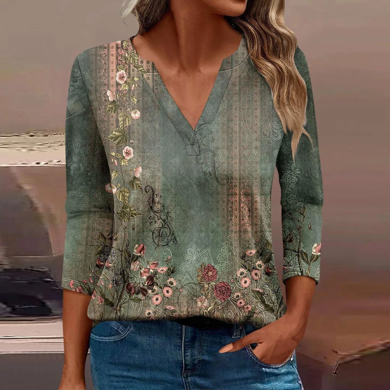 Женская блуза с принтом Women Blouses 3/4 Sleeve V Neck Casual Elegant Summer Boho Floral Print Blouses, 29#bronzo — фото 2