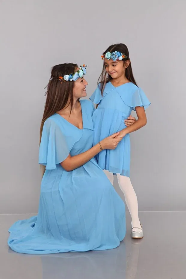 Детское платье для девочек с коротким рукавом Mother girl blue angel sleeve dress Moda Labio, Blue — фото 2