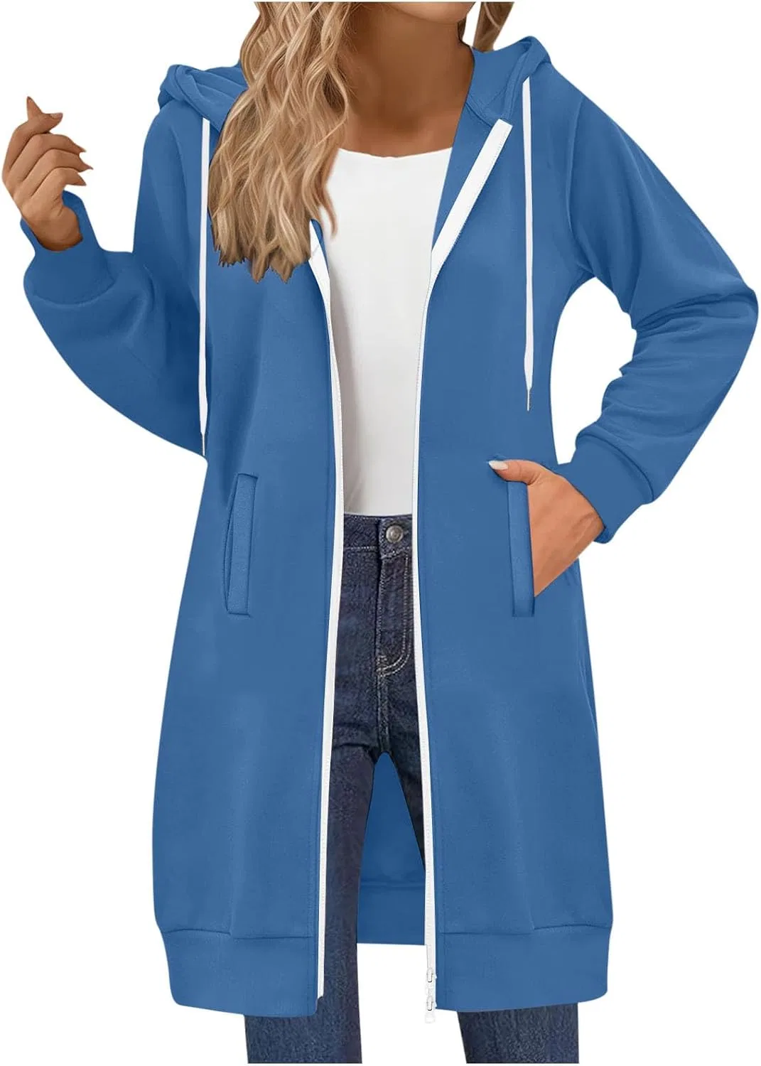 Женский утепленный худи-свитшот на молнии, флисовый, с капюшоном, синий — фото 2