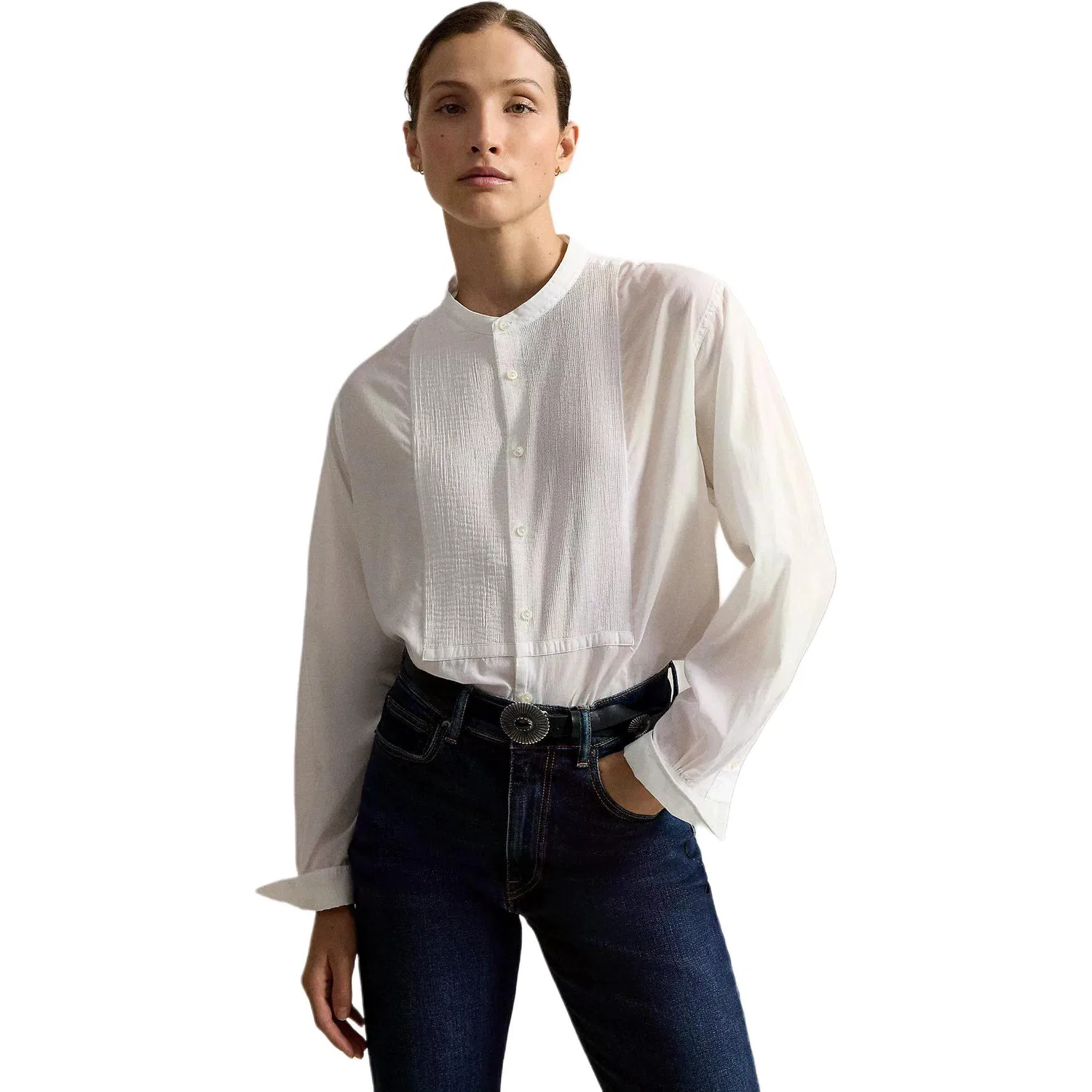 Женская рубашка с воротником-стойкой, прямого кроя, Ralph Lauren, White — фото 4