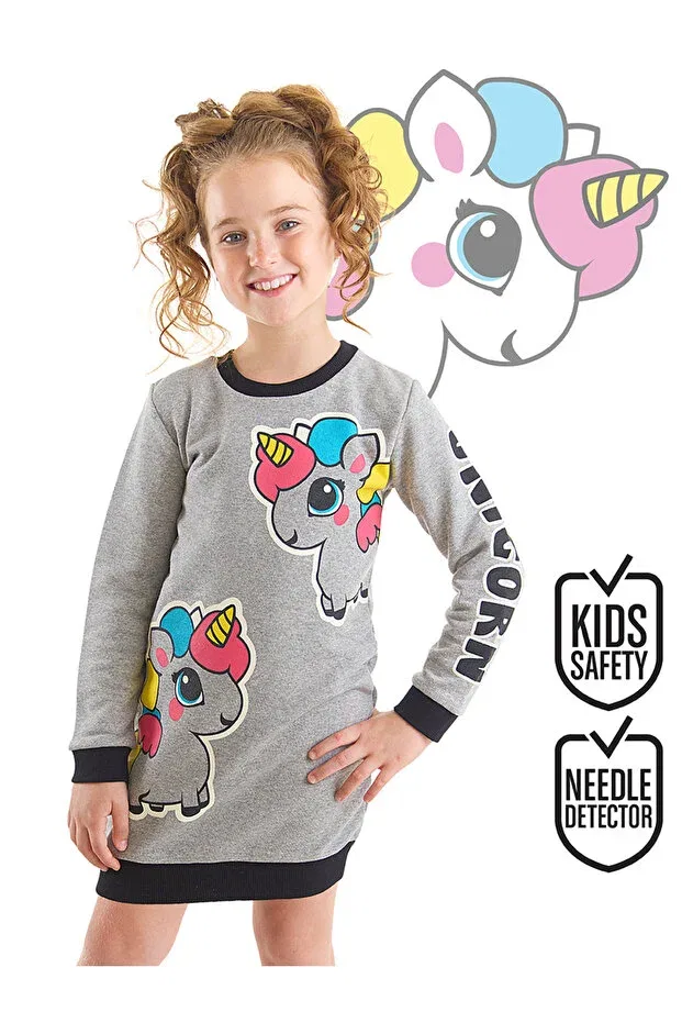 Детское платье из футера для девочек с принтом Unicorn girl Denokids, Gray