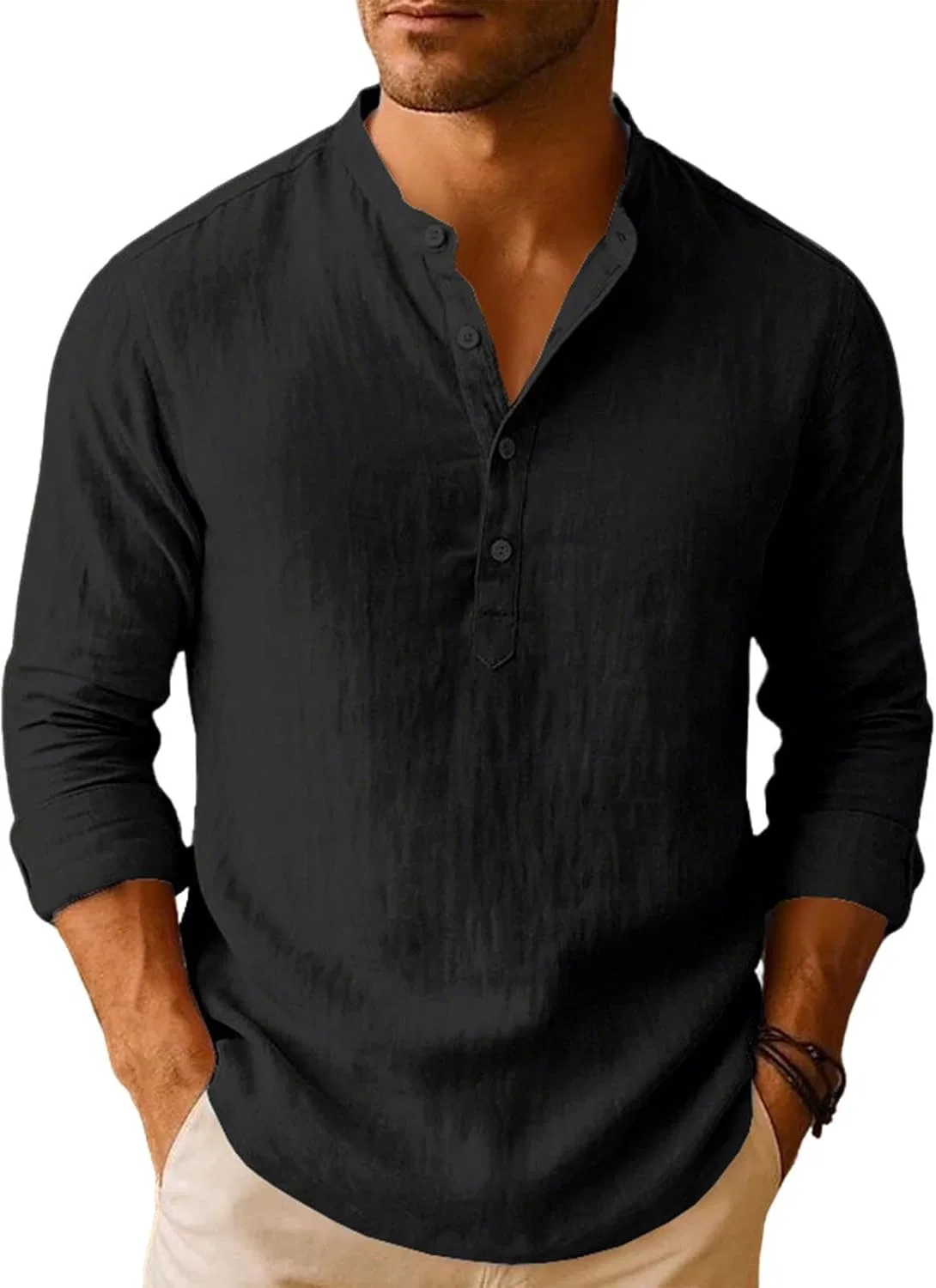Мужская хлопковая футболка с длинным рукавом Henley, Black