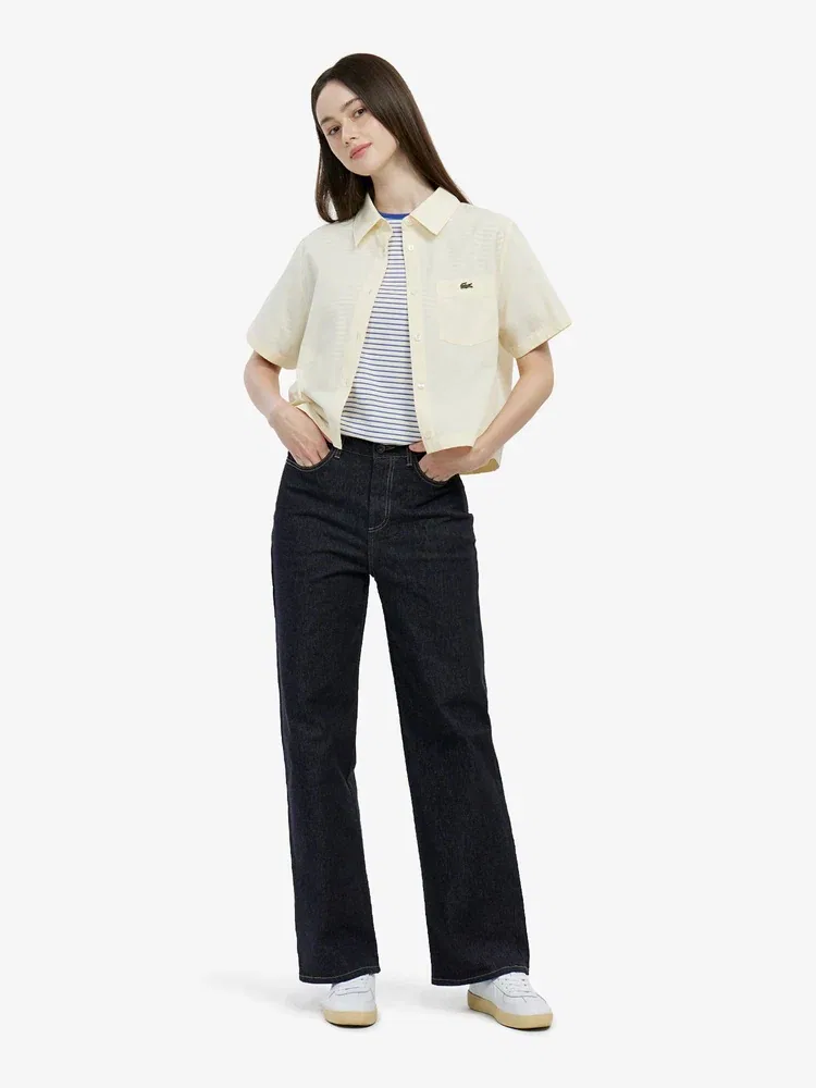 Рубашка LACOSTE JP Cotton Linen, женская, с коротким рукавом, слоновая кость — фото 3