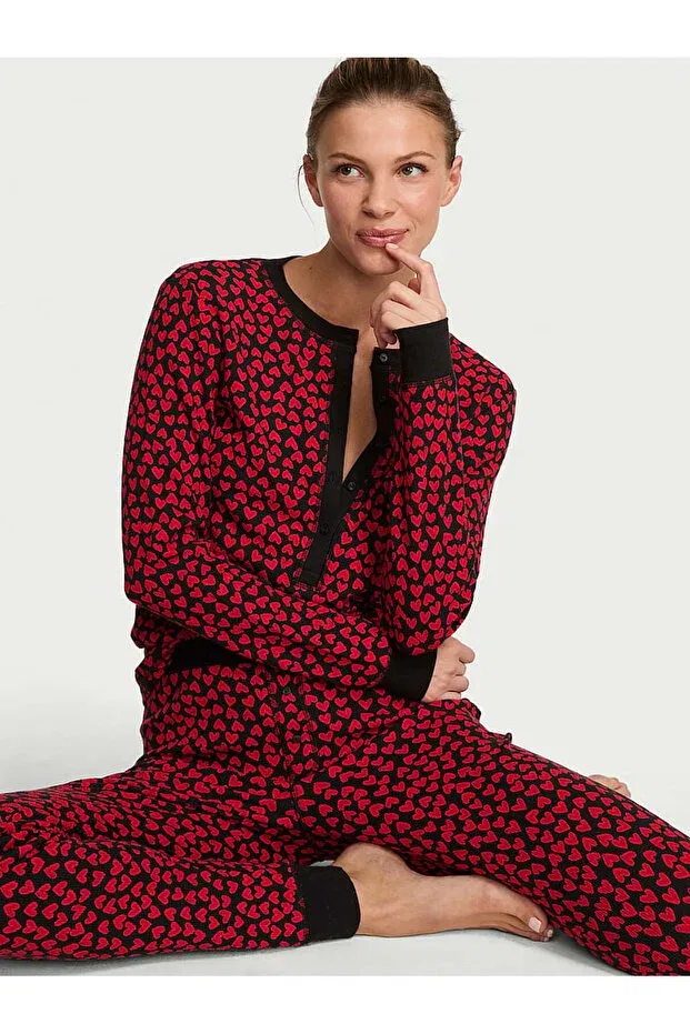 Женский комплект пижам с длинным рукавом с принтом Victoria'S Secret, Black And Red Heart